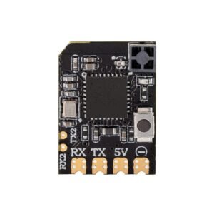 RadioMaster XR2 V1.0 mini ELRS receiver front full PCB shot, integrated tower antenna, RX TX 5V GND gold solder pads, LR1121 RF chip layout
