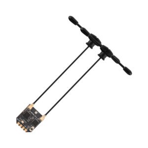 Diagonal 3D shot of RP4TD-M receiver with slanted twin dipole antenna bar, thin long antenna leads, tiny bare PCB at bottom left