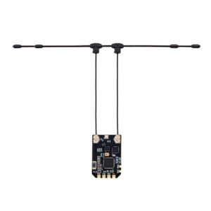 RadioMaster XR3 ELRS full assembly shot, dual dipole diversity antenna kit, tiny 20×15mm bare PCB, TX RX 5V GND gold solder pads
