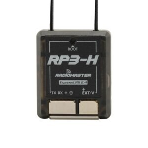 Straight top-down flat shot of RP3-H ELRS receiver, BOOT button hole, TX RX + - EXT-V pin labels, dual antenna outlets, semi-transparent black shell