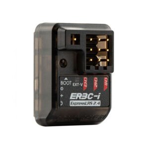 RadioMaster ER3C-i ELRS receiver front straight shot, BOOT button, EXT-V telemetry port, CH1 CH2 CH3 gold PWM pins, ExpressLRS 2.4 print, semi-transparent black plastic housing