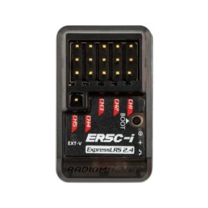 RadioMaster ER5C-i 5CH ExpressLRS 2.4G receiver front flat shot, 5 groups of gold-plated servo pins, CH1-CH5 marking, BOOT bind button and EXT-V telemetry port