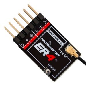 RadioMaster ER4 ELRS PWM receiver front angled view, 4 servo channel pins, HV mark, BOOT bind button, IPEX antenna port
