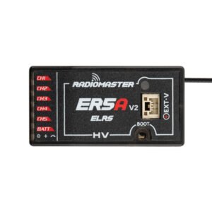 Centered vertical overhead flat shot of ER5A V2 receiver on white background, symmetrical layout, full legible CH1-CH5, Ext-V, BOOT, HV marking