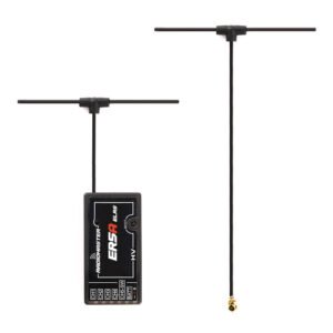 Full kit flat shot of RadioMaster ER5A HV receiver, black injection molded main unit, pre-connected T antenna, spare separate T antenna with gold U.FL connector, front panel printed ER5A ELRS HV marking, labeled CH1-CH5-BATT pin terminals