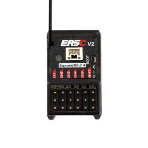 Centered vertical overhead flat shot of ER5C V2 receiver on white background, symmetrical layout, fully legible CH1-CH5, Ext-V, BOOT marks, 6-row gold servo pin header