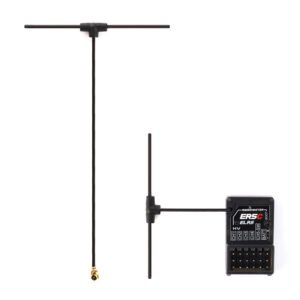 Full kit flat shot of RadioMaster ER5C HV receiver, smoky black injection molded main unit, factory short T antenna pre-installed, spare long T antenna with golden U.FL connector on left, front panel printed ER5C ELRS HV & CH1-CH5-BATT pin labels