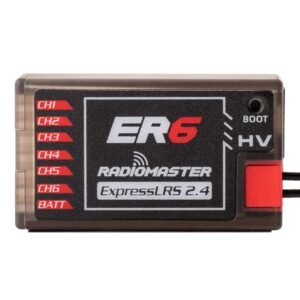 RadioMaster ER6 ELRS PWM receiver front view, 6 CH PWM output labels, HV fixed wing ExpressLRS receiver