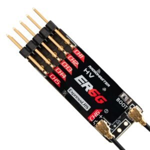 RadioMaster ER6G 6CH PWM ELRS receiver front view, CH1-CH6 gold servo pins, dual IPEX antenna ports, ExpressLRS RX for fixed wing
