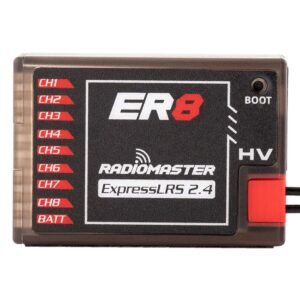 RadioMaster ER8 ELRS PWM receiver front panel, CH1-CH8 8 servo channels, HV wide voltage mark, BOOT bind button