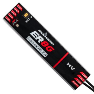RadioMaster ER8G 8CH ExpressLRS PWM receiver front shot, CH1-CH8 pin labels, BOOT & EXT-V port, long slim body for fixed wing