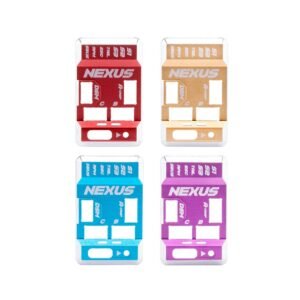Flat lay shot of four NEXUS colored aluminum shells with transparent plastic base holders, Red / Gold / Blue / Purple arranged in two rows, clean white background color comparison display