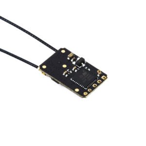 Back oblique slanted shot of R81 V2 ultra-thin PCB, rear MCU chip outline, circular ground gold pads, dual thin antenna wires