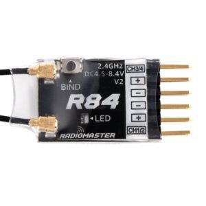 Front macro shot of R84 V2 receiver PCB, R84 V2 silkscreen, BIND button, LED indicator, CH1-CH4 gold servo terminals, dual IPEX ports