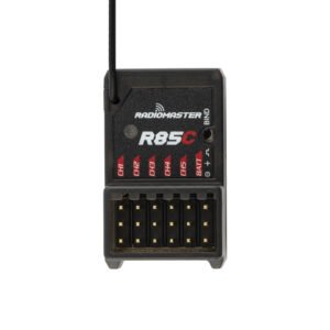 Centered vertical overhead flat shot of R85C receiver on white background, symmetrical layout, fully legible CH1-CH5, BATT, BIND marking, neat 5-row gold servo pin header