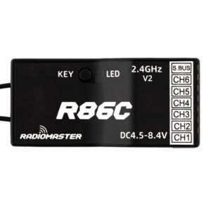 Macro close-up of R86C V2 front panel, R86C logo, KEY bind button, LED, 2.4GHz V2 mark, CH1~CH6 S.BUS pin labels, DC4.5-8.4V HV text