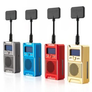 Ranger ELRS modules (grey/blue/red/gold) front view, showing OLED display and controls