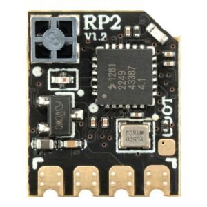 RadioMaster RP2 V1.2 ELRS nano receiver front full PCB shot, integrated tower ceramic antenna, SX1280 RF chip, TCXO crystal, 4 groups gold solder pads