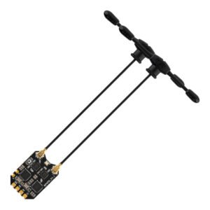 Angled full assembly shot of RP4TD ELRS receiver with crossed dual long T antennas, thin flexible antenna cables for internal frame routing
