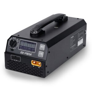 White background product shot of EV-PEAK U1+ high-power drone balance charger, built-in carry handle, LCD display, adjustable current knob, XT60 output and 6S-14S balance port
