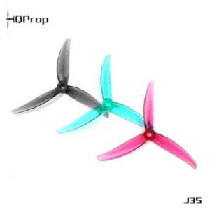 HQProp Juicy Prop J35 (4.9X3.5X3) three-blade 5-inch FPV freestyle propeller group shot, translucent multi-color polycarbonate stunt quad prop