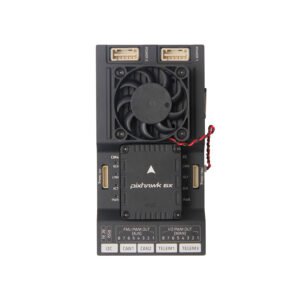 Front view of assembled Pixhawk RPi CM4 baseboard with clearly silkscreen ports and built-in cooling fan
