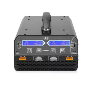 White background front view product photo of EV-PEAK U3 dual channel drone charger, twin independent LCD screens, Charge & Storage buttons, dual XT60 power ports and 6S balance ports, top carry handle