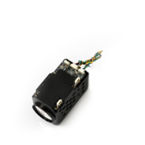 Foxeer 30x Zoom FPV camera module single unit shot, metal heat dissipation housing, 700TVL low-light low-latency analog CVBS drone zoom cam with multi-color wiring harness