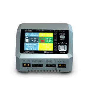 替代文本 Alt Text SKYRC D200neo AC/DC Dual Channel RC Smart Charger, 800W Max Power Bluetooth Balance Charger For 1-6S LiPo FPV RC Model Battery 标题 Title SKYRC D200neo 800W AC DC Dual Channel Multi-Function Smart Balance Charger With Bluetooth For 1-6S RC LiPo Battery 说明文字 EN: SKYRC D200neo multi-function dual-channel RC charger supports AC 200W & DC 800W dual input power, built-in Bluetooth module for mobile APP control. It supports parallel charge up to 35A and max 40A discharge current, compatible with 1-6S LiPo, LiHV, LiFe, NiMH and Pb batteries, equipped with color LCD screen and rotary knob operation, ideal for FPV drone, RC car and motorcycle model charging. 中文：SKYRC D200neo 多功能双通道遥控模型充电器，支持交流 200W、直流 800W 双路输入，内置蓝牙模块可手机 APP 操控。支持最大 35A 并联充电、40A 放电电流，兼容 1-6S 锂聚、高压锂聚、铁锂、镍氢、铅酸电池，搭配彩色液晶屏幕与旋钮操控，适用于 FPV 穿越机、遥控车、机车模型充电。 描述 Description EN: Dual independent A/B channels work simultaneously for two batteries, high DC power greatly speeds up charging efficiency; full balance charge, discharge and storage modes extend battery service life; portable compact body with built-in heat dissipation